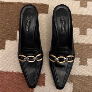 Brighton Tosca Black Leather Mules Pointy Toe Silver Gold Hsrdware Size 8M